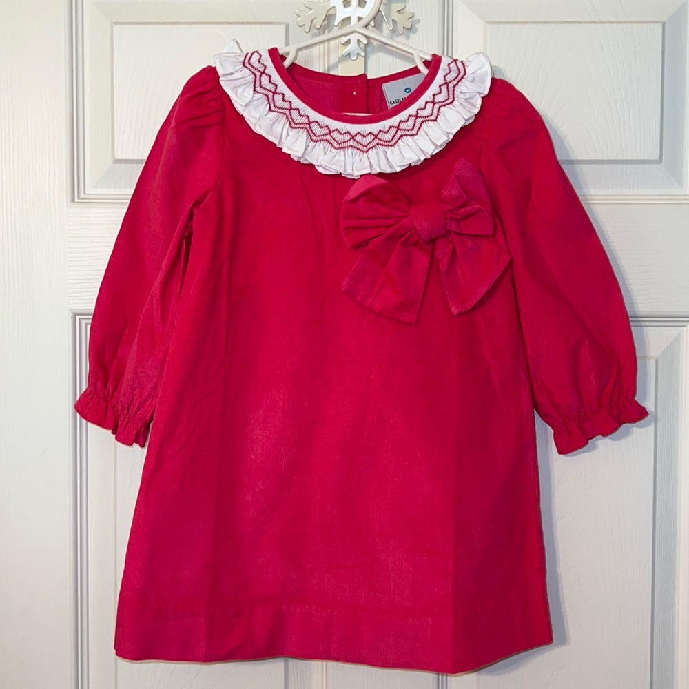 NWT Castle and Crowns girls size 3T Smock Hearts Pink Corduroy Dress.